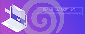 Email marketing banner. Computer on abstract gradient background with envelopes