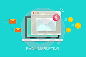 Email marketing campaign vector, flat laptop computer screen with browser window and newsletter conversion to money