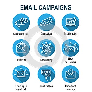 Email marketing campaigns icon set with email list, announcement, send button