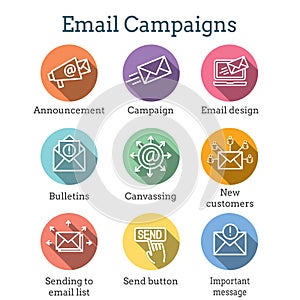 Email marketing campaigns icon set with email list, announcement, send button