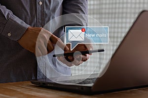 Email marketing concept, Person reading e-mail on smartphone. Receiving email new message in inbox
