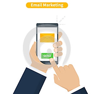 Email Marketing. Human hand holding the smartphone with e-mail application. Mobile phone, screen with new unread e-mail