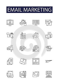 Email marketing line vector icons and signs. Marketing, Campaign, Automation, Blast, Targeting, Services, Tactics