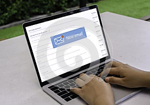 Email marketing and newsletter concept, woman sending message with mail communication connection message