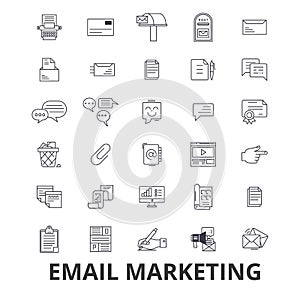 Email marketing, posting, social media, newsletter, internet, online, blog line icons. Editable strokes. Flat design