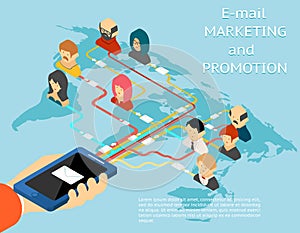 Email marketing and promotion mobile app isometric