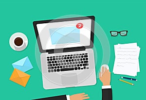 Email marketing vector illustration, auditor person working on workdesk with laptop, envelope, email analyzing or