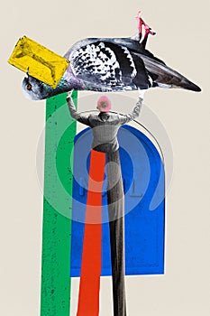 Email marketing. Young woman working with customer communication and coordination of clients. Contemporary art collage.