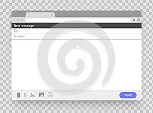Email message blank window. E-mail empty frame. Mail mock up template. Window browser. Vector screen page.