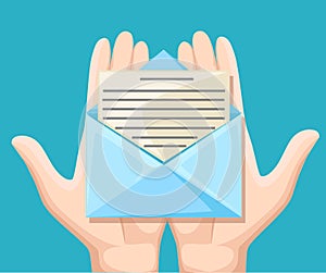 Email message concept. New, incoming message, sms. Hand holding envelope, letter. Delivery of messages, sms. Mail notification, se