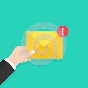 Email message concept. New, incoming message, sms. Hand holding envelope, letter. Delivery of messages. Vector