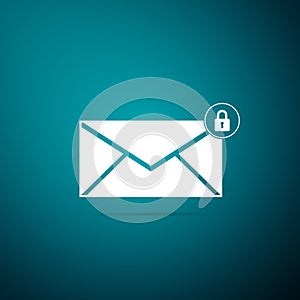 Email message lock password icon isolated on blue background. Envelope with padlock sign. Private mail and security