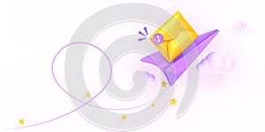 Email message service 3d render. Flying paper plane and mail envelope in sky with clouds and stars, unread message, web