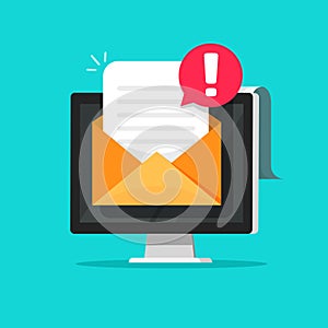 Email message with spam or error alert vector illustration, flat cartoon computer screen envelope letter document with