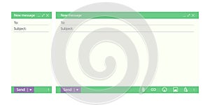Email message ui template. Flat computer screen layout with empty mail window and subject field. Web mockup design for