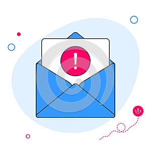 Email message with warning alert icon vector illustration, flat cartoon opened envelope mail with document and