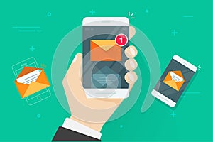 Email mobile phone notifications vector illustration, flat cartoon smartphone with read and unread inbox messages, mail