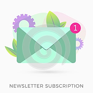 Email newsletter subscription flat dexign icon concept. E-mail marketing message with digital advertising. Envelope icon