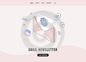 Email Newsletter Subscription service concept. E-mail envelope with an open newsletter. Flat design vector e-commerce