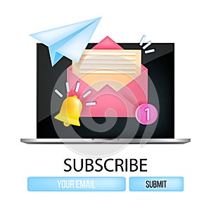 Email newsletter subscription vector concept, laptop screen, notification bell, paper airplane, number one.