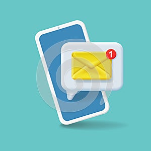 Email notification concept. New mail or sms reminder on smartphone screen. Mobile phone, envelope electronic letter .