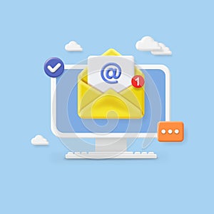 Email notification concept. Opened envelope. New email on computer screen. Vector illustration 3d