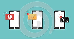 Email notification concept. Sms error red colored. Icon massage set. New sms on smartphone. Illustration in flat design. Vector