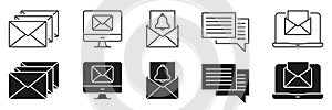 Email and Notification Interface Line and Solid Icon Set. Inbox Messaging, Digital Communication Symbol Collection. Web