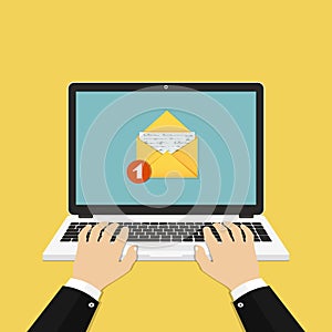 Email notification. Man hands using laptop with new email icon on screen. Flat design illustration