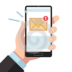 Email notification on smartphone in hand. Inbox unread mail, new emails message. Sending letters receive mobile mailings photo