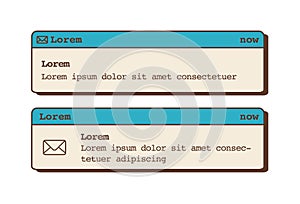 Email pop up notification banner in retro colors. Mail box computer or phone alert message. Nostalgic vintage UI. Popup