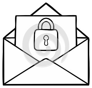 Email security concept: Black and white doodle of envelope and padlock