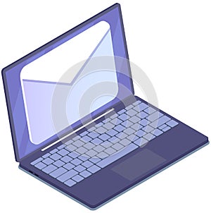 Email sending, paper envelope on laptop screen. Online chat message notifications with computer