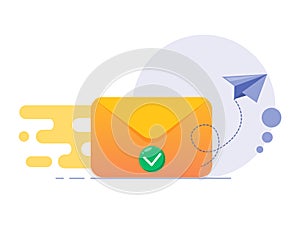 Email sent concept. Email marketing campaign. New email message. Envelope flying modern icon with green check mark icon
