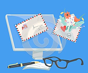 Email service concept with letters flying out computer, flat vector illustration