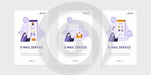 Email services and marketing vector template. woman with headset is working at email service marketing strategy.