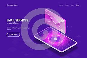 Email services in your phone. Concept. Hologram letter on the background of the smartphone. Editable vector isometric