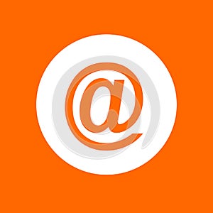 Email sign icon. In white circle on a orange background.