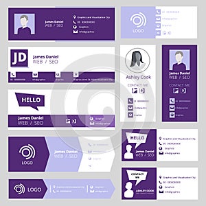 Email signature template. Office business visit cards for webmail user interface vector set