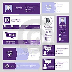 Email signature template. Office business visit cards for webmail user interface vector set photo