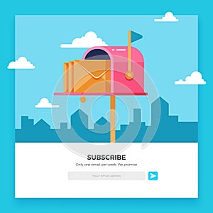 Email subscribe, online newsletter vector template with mailbox and submit button photo