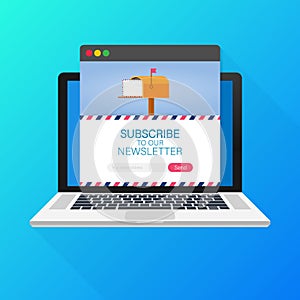 Email subscribe, online newsletter vector template with mailbox and submit button on laptop screen.