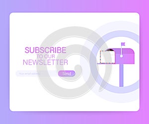 Email subscribe, online newsletter vector template with mailbox and submit button on laptop screen. Vector illustration.