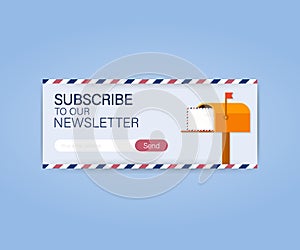 Email subscribe, online newsletter vector template with mailbox and submit button. Vector illustration.