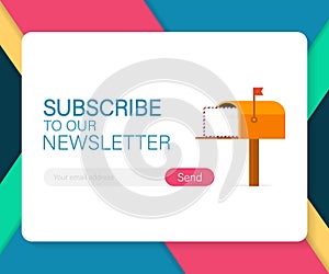 Email subscribe, online newsletter vector template with mailbox and submit button. Vector illustration.