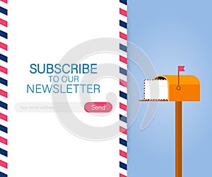 Email subscribe, online newsletter vector template with mailbox and submit button. Vector illustration.