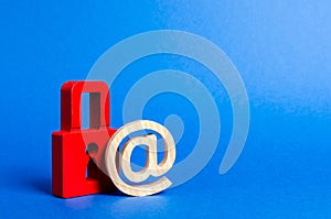 Email symbol and red padlock. Protection against Internet threats and hacker attacks. Safety of personal data, privacy of users.