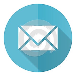 Email vector icon, envelope flat design blue round web button isolated on white background