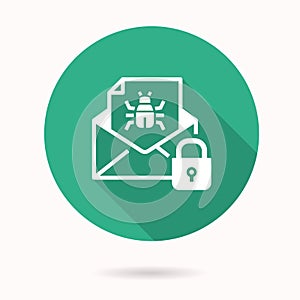 Email virus threat icon with long shadow for graphic and web design.