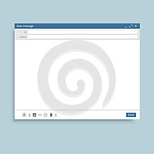 Email window interface template. Mail message interface blank website panel screen with send form. Vector